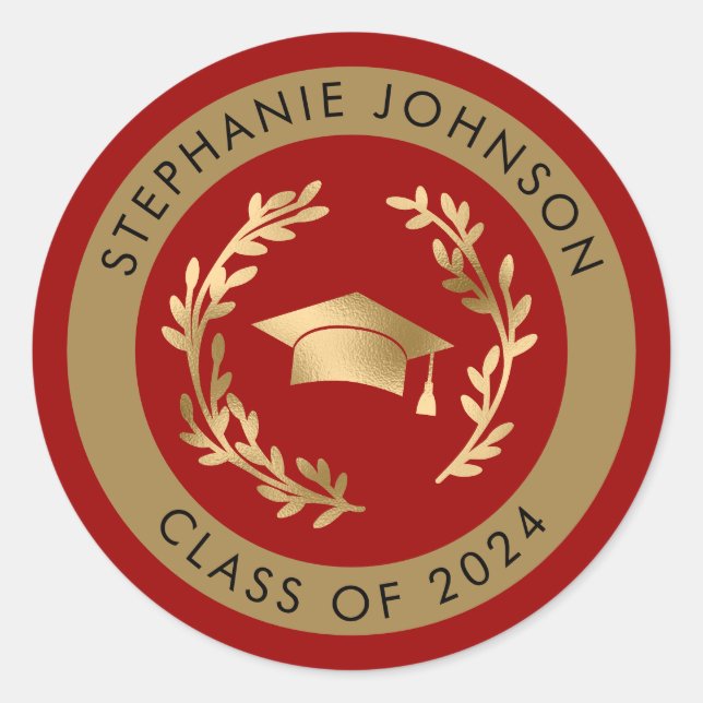 Crimson and Gold Class of 2024 Graduation Classic Round Sticker (Front)