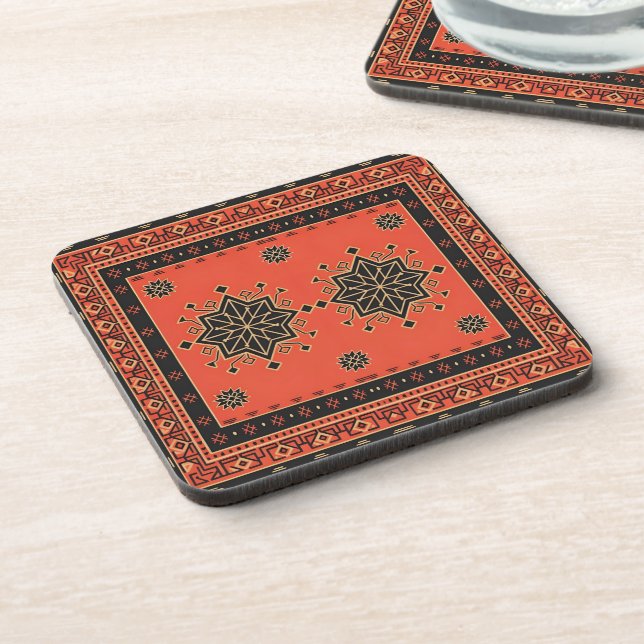 Crimson and Obsidian Geometric Tribal Star Coaster (Left Side)