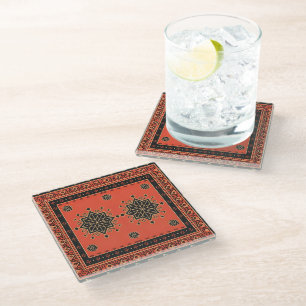 Crimson and Obsidian Geometric Tribal Star Glass Coaster