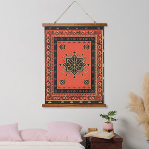 Crimson and Obsidian Geometric Tribal Star Hanging Tapestry