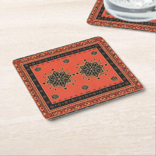 Crimson and Obsidian Geometric Tribal Star Square Paper Coaster