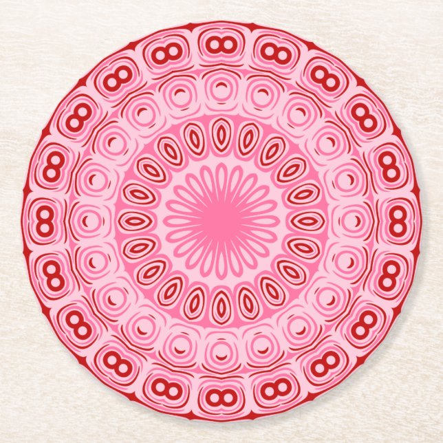 Crimson and Pink Mandala Pattern Round Paper Coaster (Front)