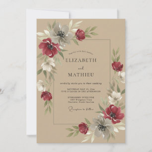 Crimson Anemone Beige Wedding Invitation