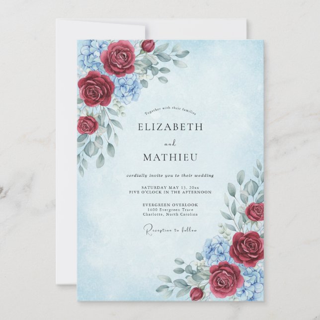 Crimson Azure Bloom Wedding Invitation (Front)