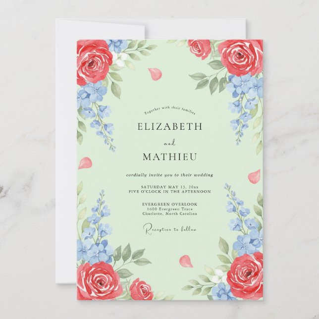 Crimson Azure Mint Petal Wedding Invitation (Front)