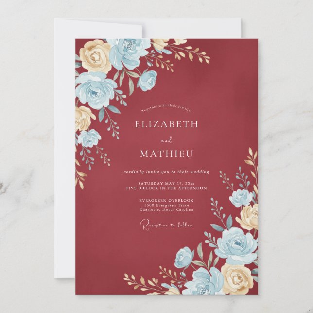 Crimson Azure Petal Wedding Invitation (Front)