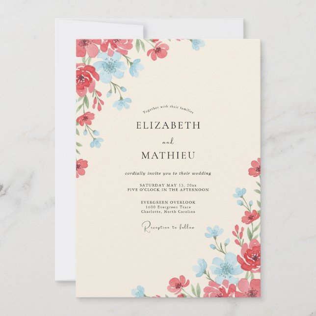 Crimson Azure Wildflower Wedding Invitation (Front)