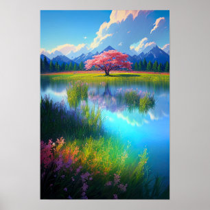 Crimson Beauty, Red Tree by the Azure Lake Poster