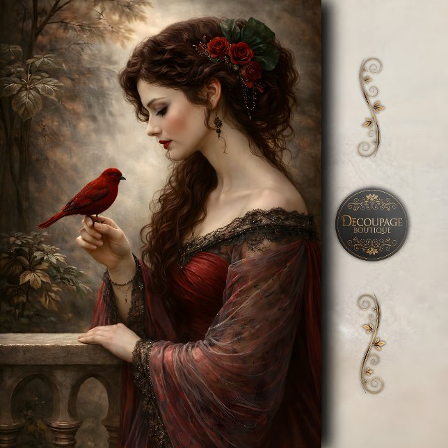 Crimson Bird Lady Portrait Decoupage Tissue Paper (Crimson Bird Lady Portrait Decoupage Tissue Paper)