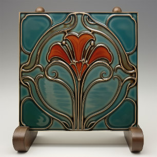 Crimson Bloom Art Nouveau Ceramic Tile