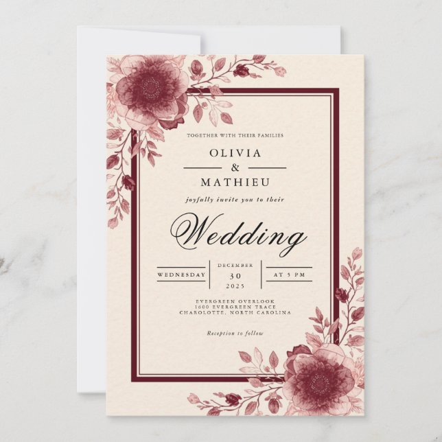 Crimson Bloom Frame Romance Wedding Invitation (Front)