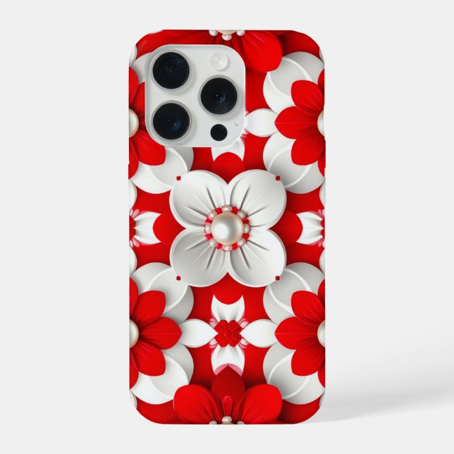 Crimson Bloom Pearl Luxe✨Vibrant Red White Floral iPhone Case (Back)