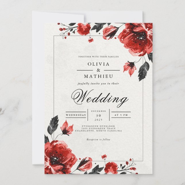 Crimson Bloom Romantic Wedding Invitation (Front)