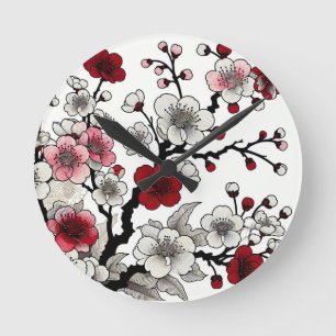 Crimson Blossom Elegance - Japanese-Inspired Flora Round Clock