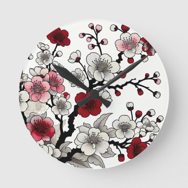 Crimson Blossom Elegance - Japanese-Inspired Flora Round Clock (Front)
