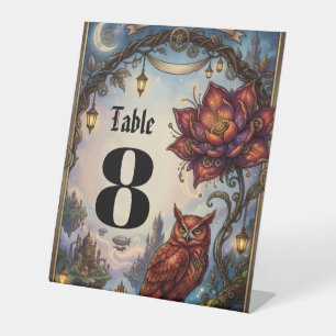 Crimson Blossoms & Mystical Owl. Pedestal Sign