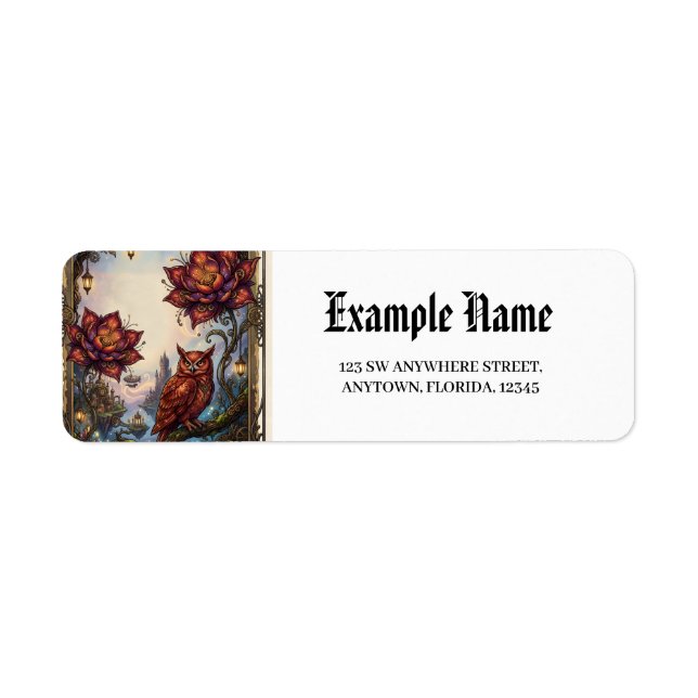 Crimson Blossoms & Mystical Owl. Return Address Label (Front)