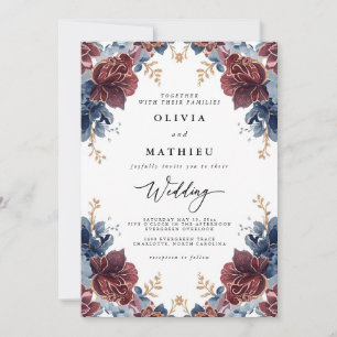 Crimson Blue Floral Romance Wedding Invitation