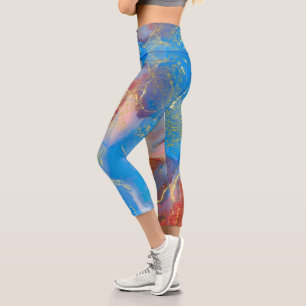 Crimson, Blush, Blue and Gold Marbled Alcohol Ink Capri Leggings