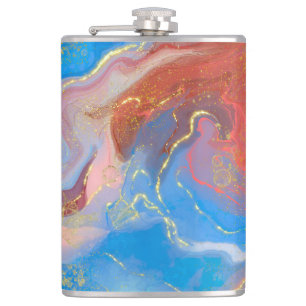 Crimson, Blush, Blue and Gold Marbled Alcohol Ink Hip Flask