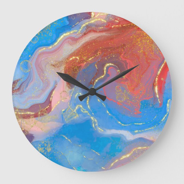 Crimson, Blush, Blue and Gold Marbled Alcohol Ink Large Clock (Front)