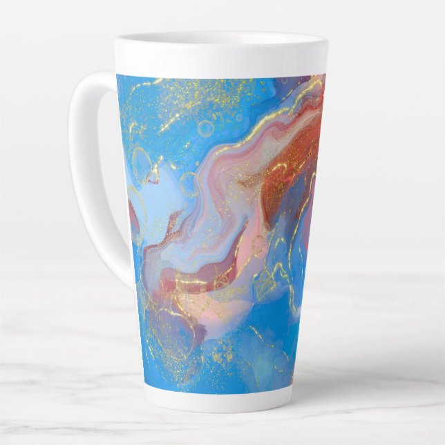 Crimson, Blush, Blue and Gold Marbled Alcohol Ink Latte Mug (Left Angle)
