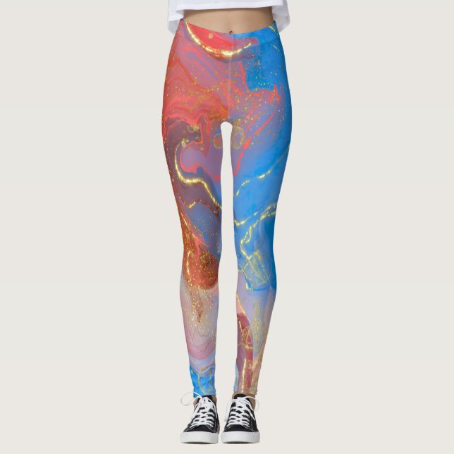 Crimson, Blush, Blue and Gold Marbled Alcohol Ink Leggings (Front)