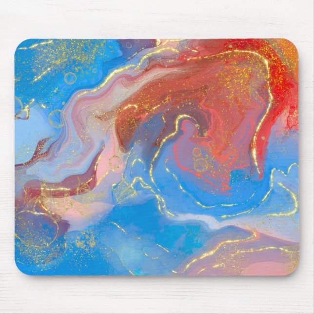 Crimson, Blush, Blue and Gold Marbled Alcohol Ink Mouse Pad (Front)