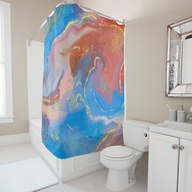 Crimson, Blush, Blue and Gold Marbled Alcohol Ink Shower Curtain (In Situ)
