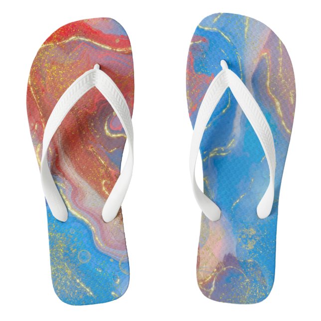 Crimson, Blush, Blue and Gold Marbled Alcohol Ink Thongs (Footbed)