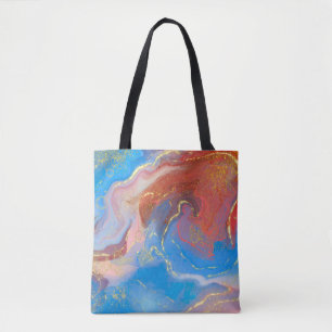 Crimson, Blush, Blue and Gold Marbled Alcohol Ink Tote Bag