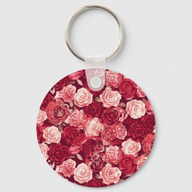 Crimson & Blush Seamless Rose Pattern Key Ring (Front)