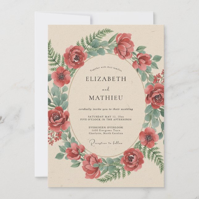 Crimson Botanical Rustic Wedding Invitation (Front)