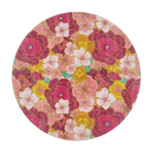 Crimson, Bright Pink, Gold Floral Oriental Garden Cutting Board
