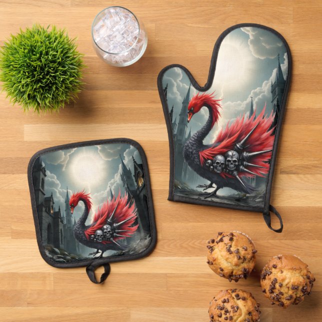 Crimson Cathedral Swan. Oven Mitt & Pot Holder Set (Top Down)