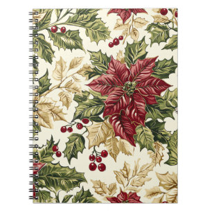 Crimson Champagne Poinsettia Holly Christmas Notebook