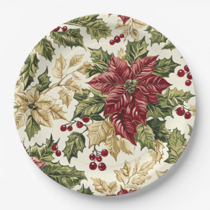 Crimson Champagne Poinsettia Holly Christmas Paper Plate