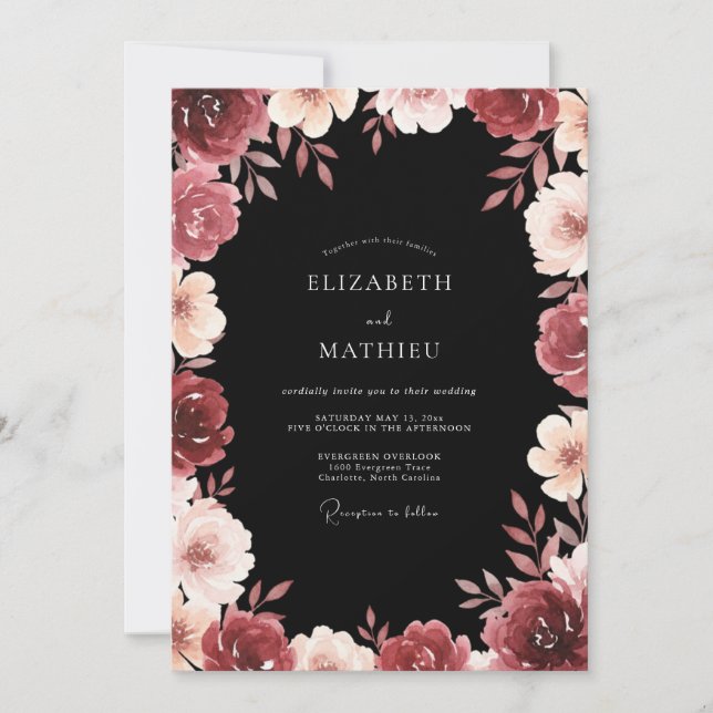 Crimson Charcoal Blossom Wedding Invitation (Front)