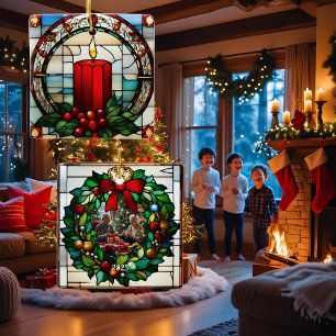 Crimson Christmas Candle Faux Stained Glass Ceramic Ornament