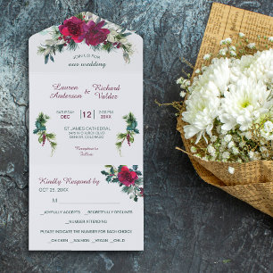 Crimson Christmas Rose Bouquet Wedding All In One  Invitation