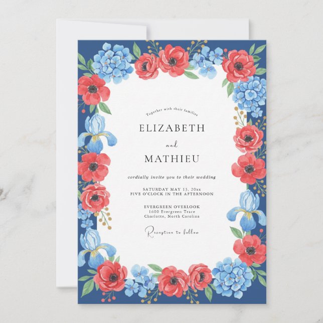 Crimson Cobalt Poppy Wedding Invitation (Front)