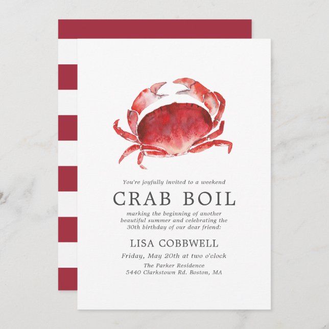 Crimson Crab | 30th Birthday Crab Boil Stripes Invitation (Front/Back)