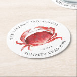 Crimson Crab Crab Boil Round Paper Coaster<br><div class="desc">Personalised Crimson Crab themed food paper coasters for your next Crab Boil Party or seafood event.  It features a watercolor styled illustration of a red crab.  Surrounding this are spots for your unique event information.</div>