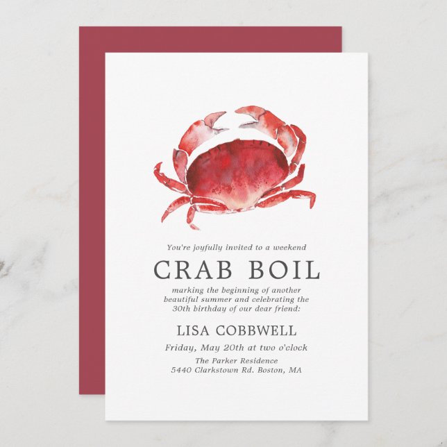 Crimson Crab | Minimal Birthday Crab Boil Invitation (Front/Back)