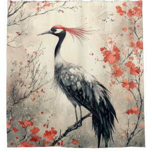 Crimson Crane Blossom Ink Wash (1) Shower Curtain