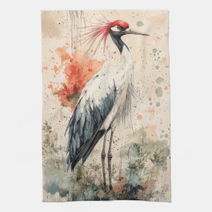 Crimson Crane Blossom Ink Wash (1) Tea Towel