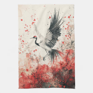 Crimson Crane Blossom Ink Wash (3) Tea Towel