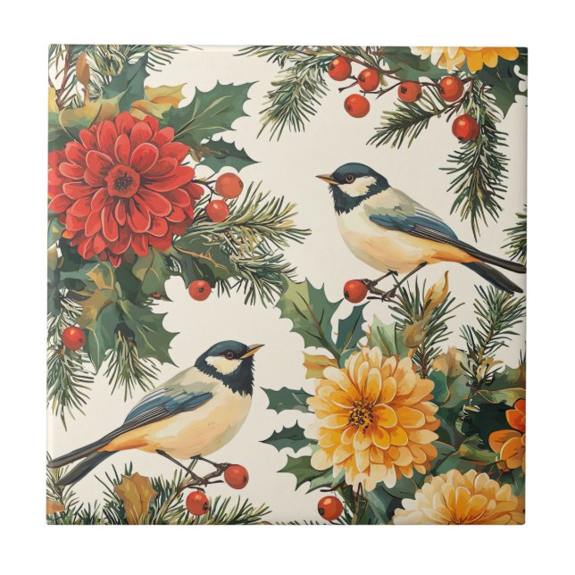 Crimson Dahlia Chickadee Christmas Cream Pattern Ceramic Tile (Front)