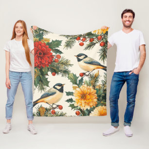 Crimson Dahlia Chickadee Christmas Cream Pattern Fleece Blanket