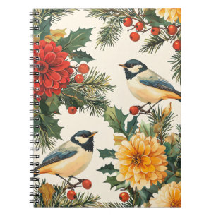 Crimson Dahlia Chickadee Christmas Cream Pattern Notebook
